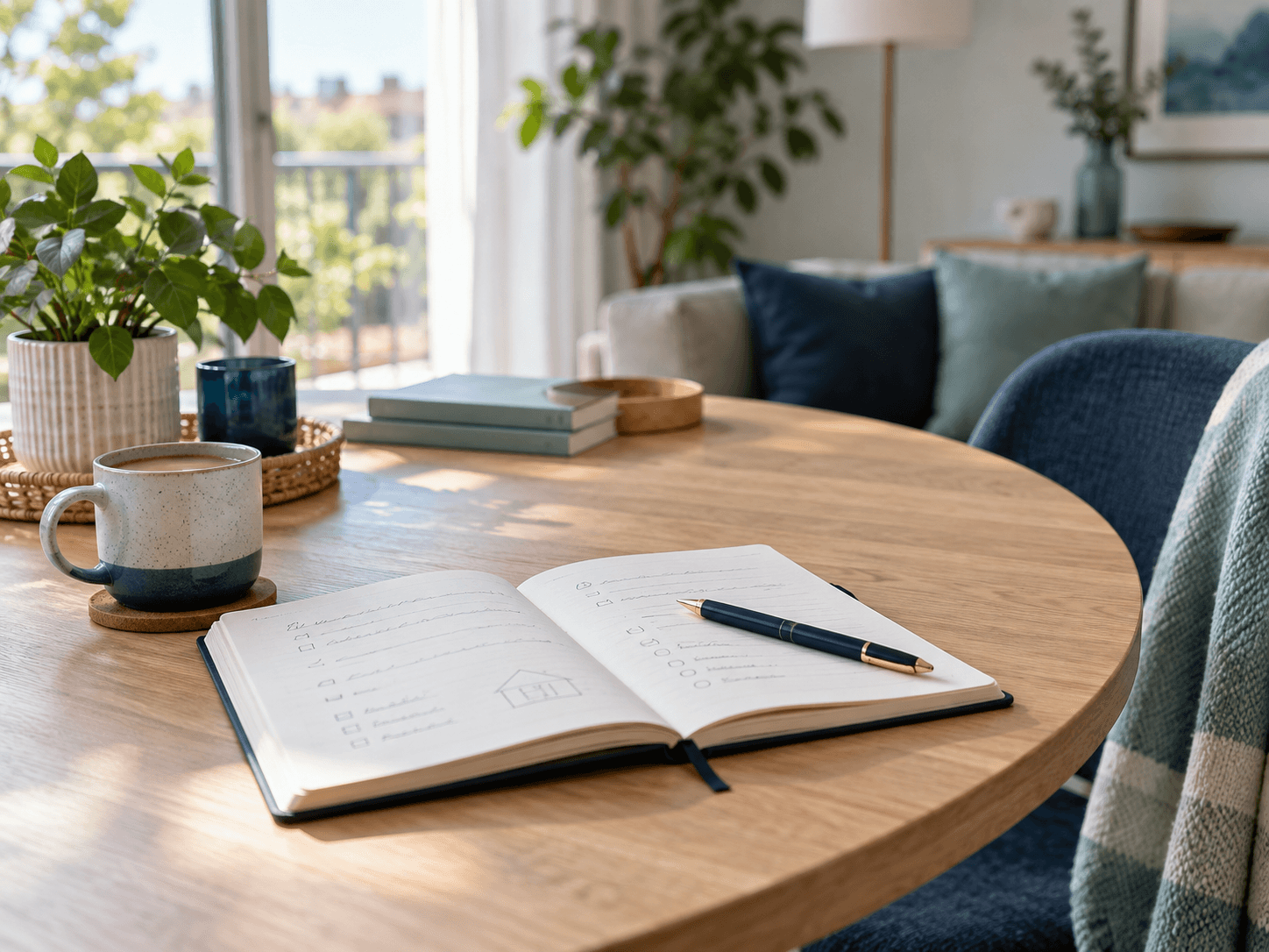 Un carnet ouvert et un stylo sur une table, dans un intérieur lumineux.