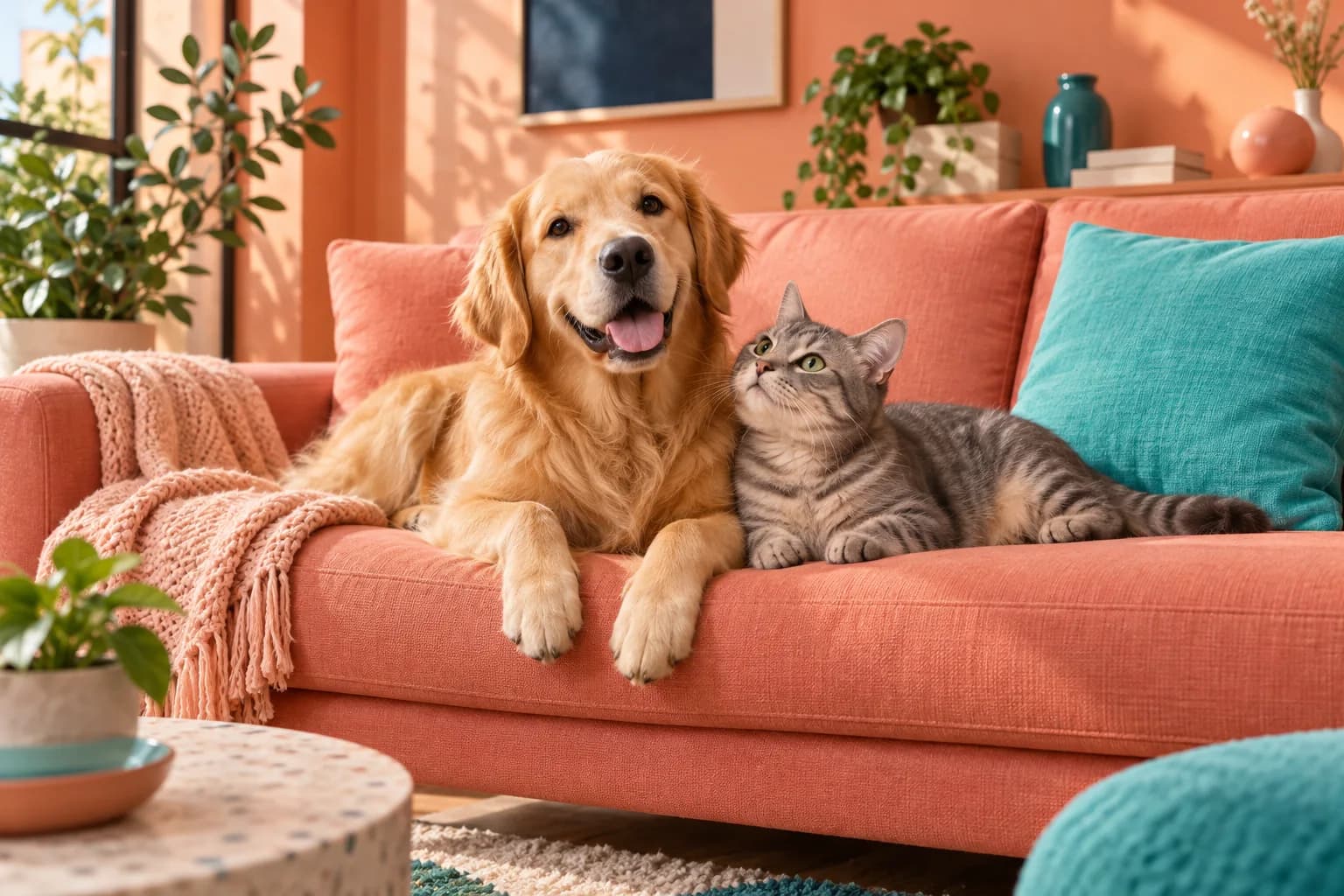 Illustration : un chien et un chat ensemble sur un canapé corail