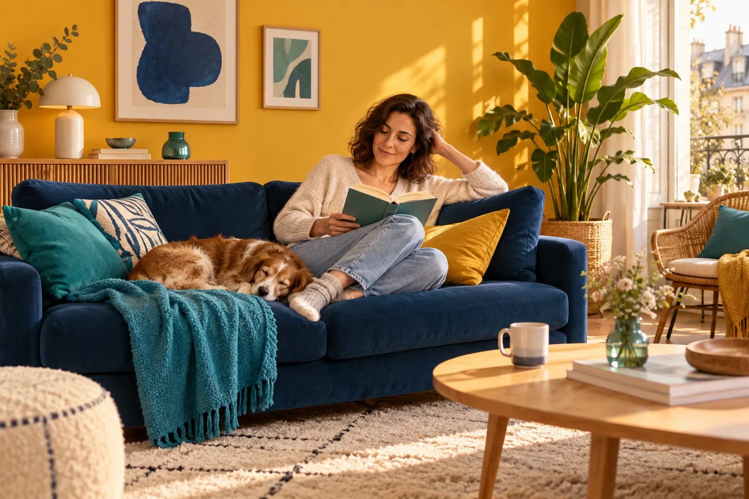 Illustration : une lectrice dans un salon chaleureux aux couleurs safran et bleu