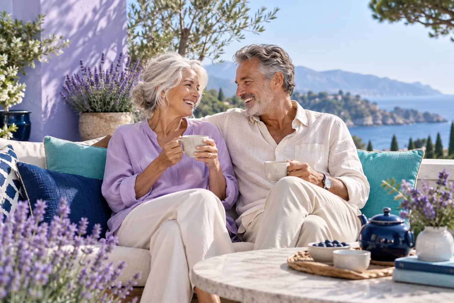 Illustration : un couple senior profite d’une terrasse aux couleurs lavande